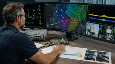 HFC network engineers reviewing coax amplifier spacing and fiber node boundaries on a field map