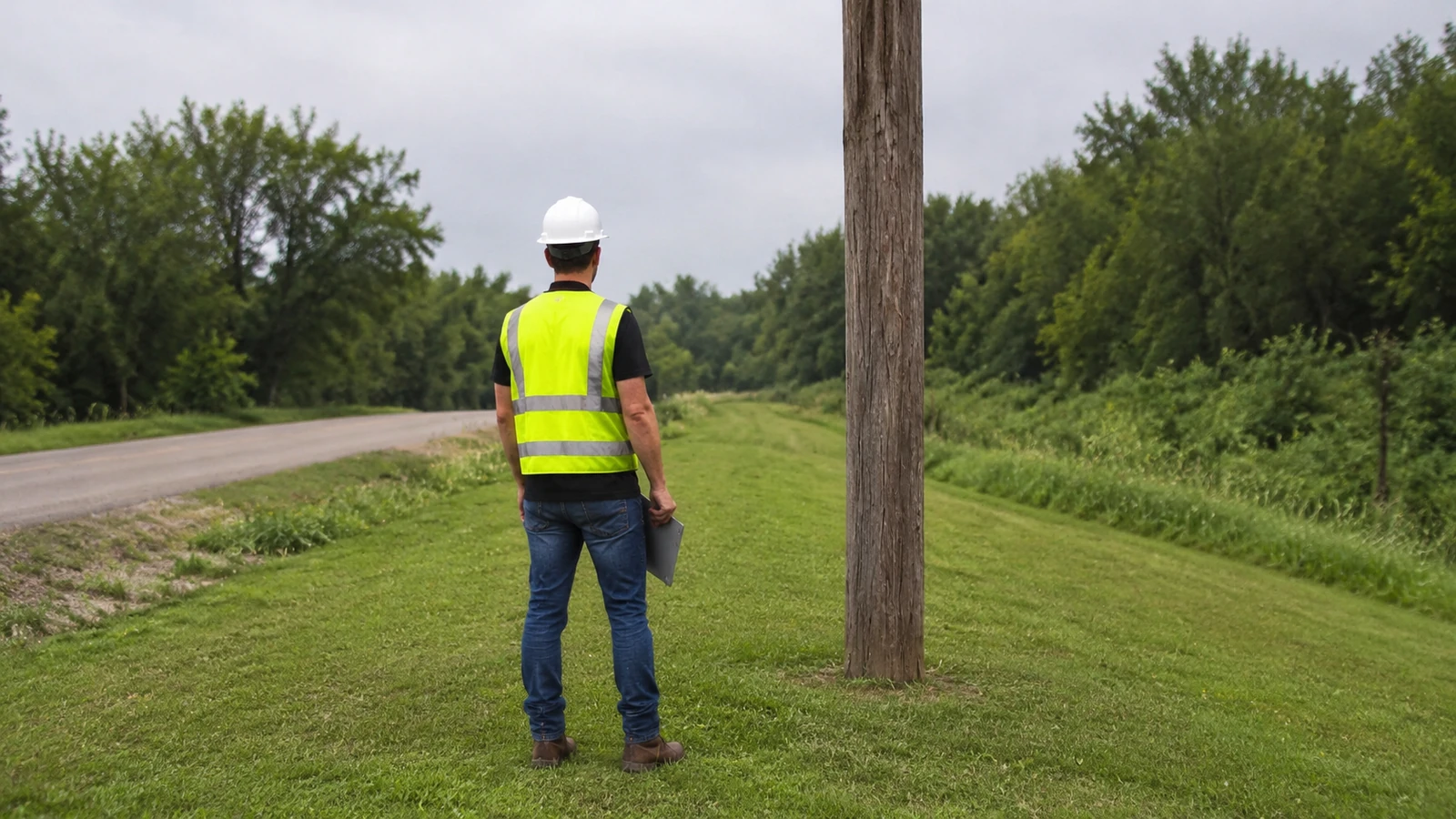 Utility field technician viewed from behind holding a plain clipboard beside a wooden pole trunk on a grassy roadside verge