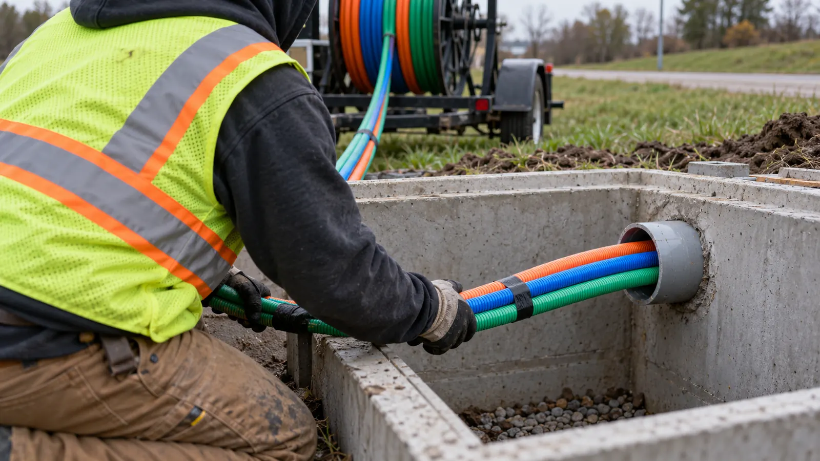 A kneeling worker in a safety vest feeds orange, blue and green ducts from a trailer reel into a concrete vault.