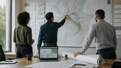 Three people review a wall map and planning cards beside a laptop and rolled plans.