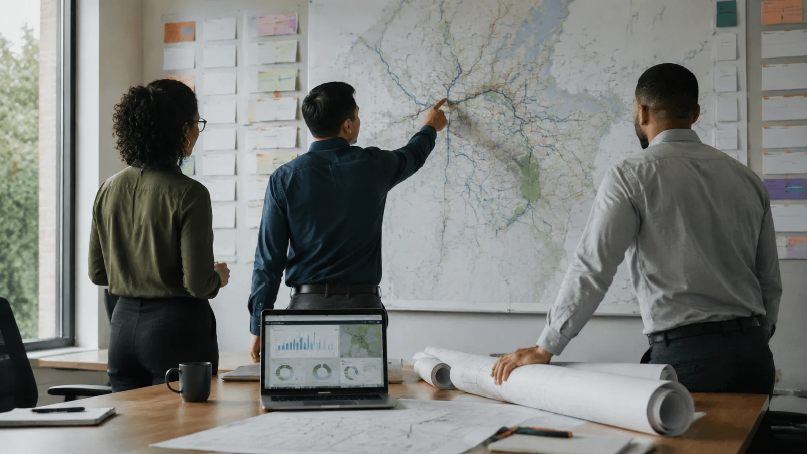 Three people review a wall map and planning cards beside a laptop and rolled plans.