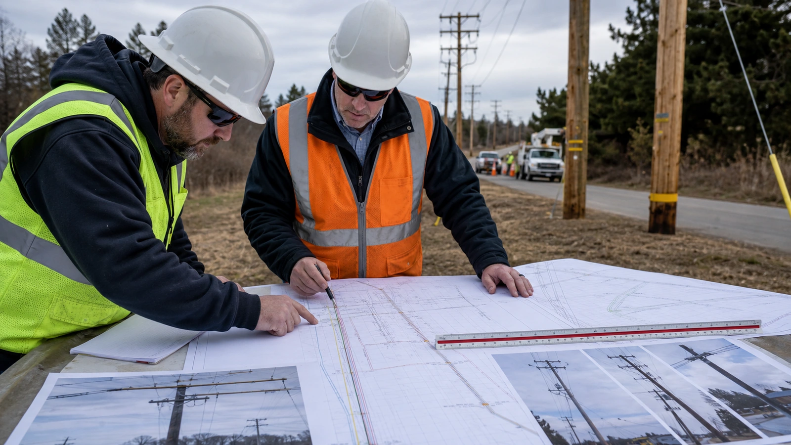 Power distribution and fiber conduit crews coordinating work in a shared rural utility corridor