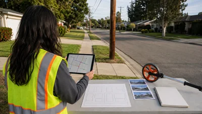 An OSP planner compares an unlabeled last-mile route map with blank parcel sketches, pole photographs, and a measuring wheel