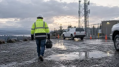 A worker in a hard hat and hi-vis jacket carries a bag across wet gravel toward a white pickup and a lattice tower.