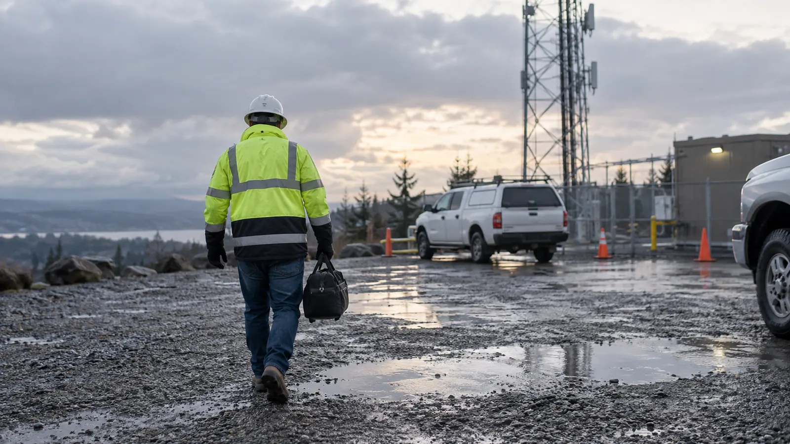 A worker in a hard hat and hi-vis jacket carries a bag across wet gravel toward a white pickup and a lattice tower.