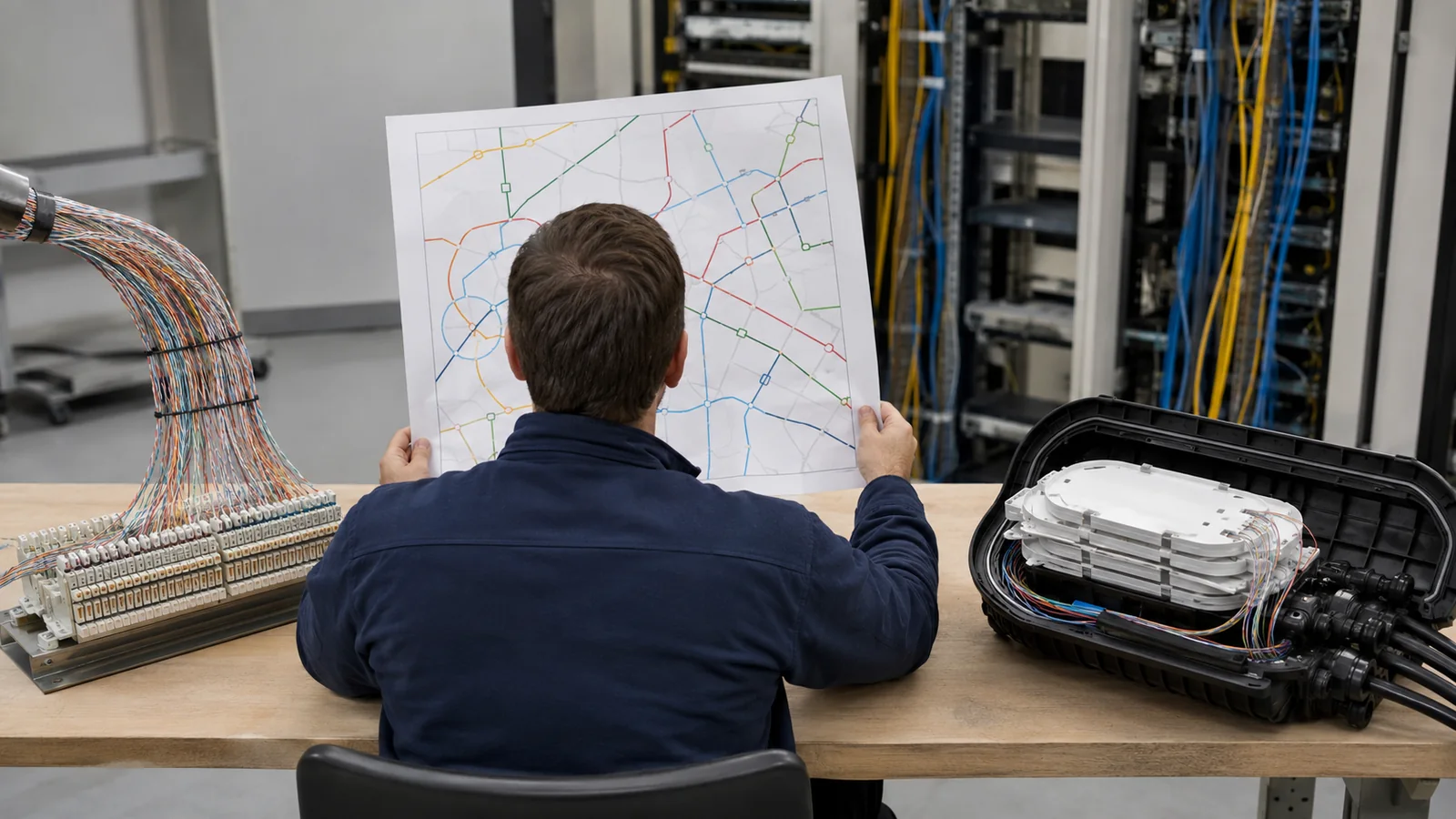 Rear-view telecom engineer evaluates legacy copper records beside a fiber splice enclosure in a network workspace.
