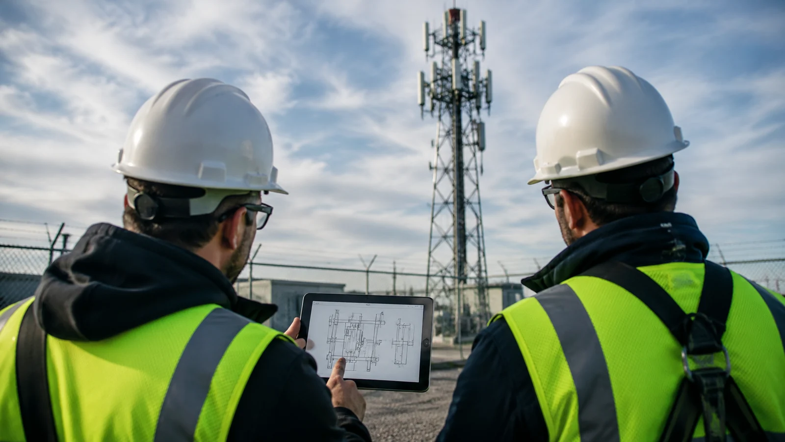 Two hard-hatted people viewed from behind compare a technical drawing on a tablet during a ground survey beside a macro tower.