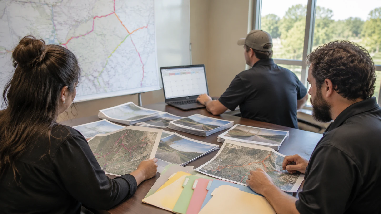 Permitting team compares several unlabeled fiber route packages, a wall map and a shared schedule