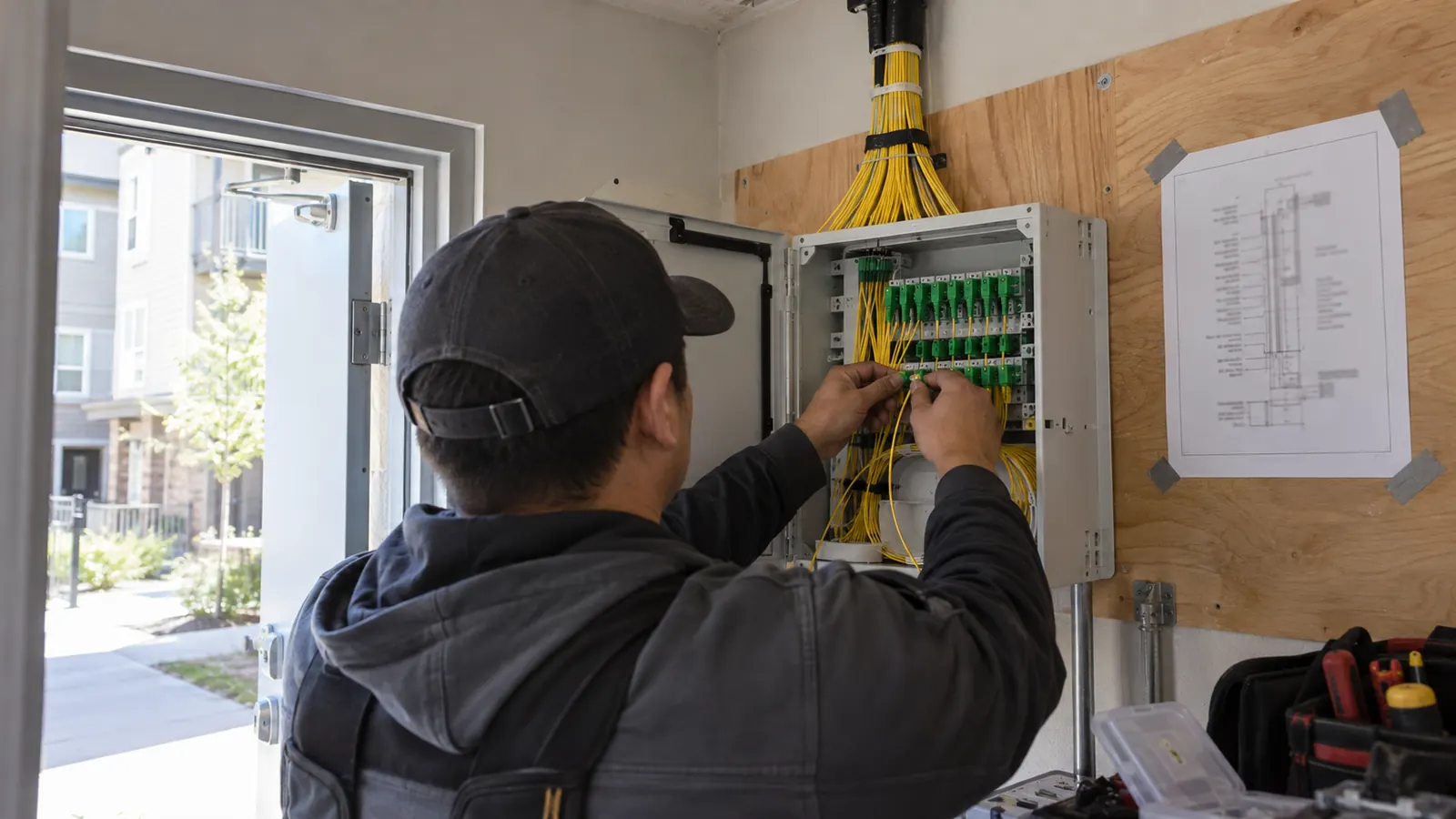 A worker in a cap connects yellow fiber cords in a wall-mounted panel beside an open door facing apartment buildings.