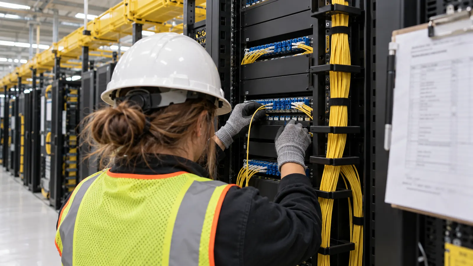 A technician in a white hard hat and safety vest plugs yellow fiber cords into a patch panel in a row of racks.