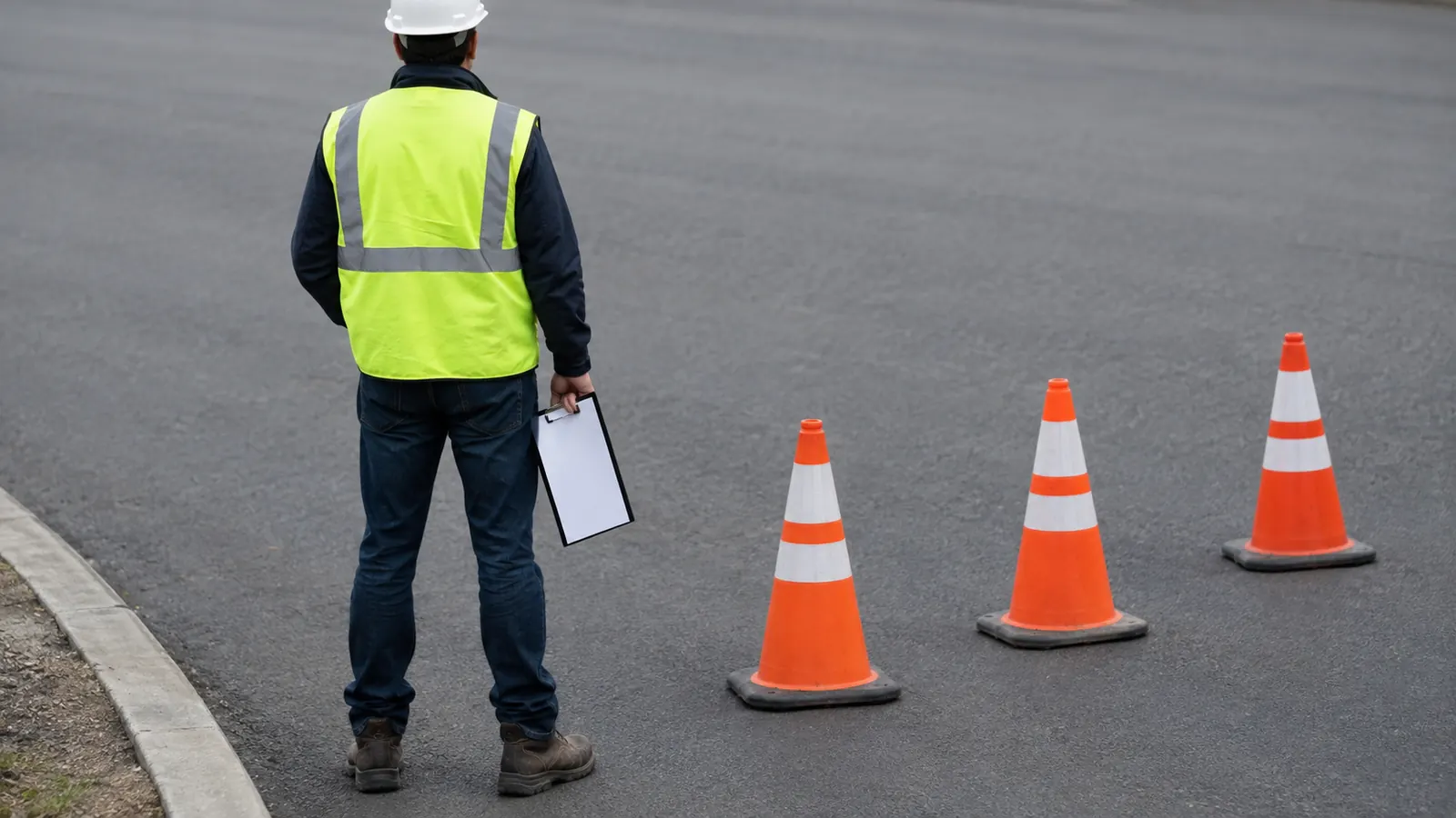Rear-view construction manager holds a blank clipboard beside traffic cones on an empty street.