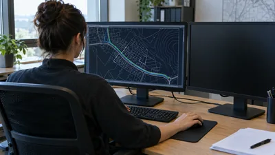 CAD technician drafts an unlabeled telecom route on a workstation.