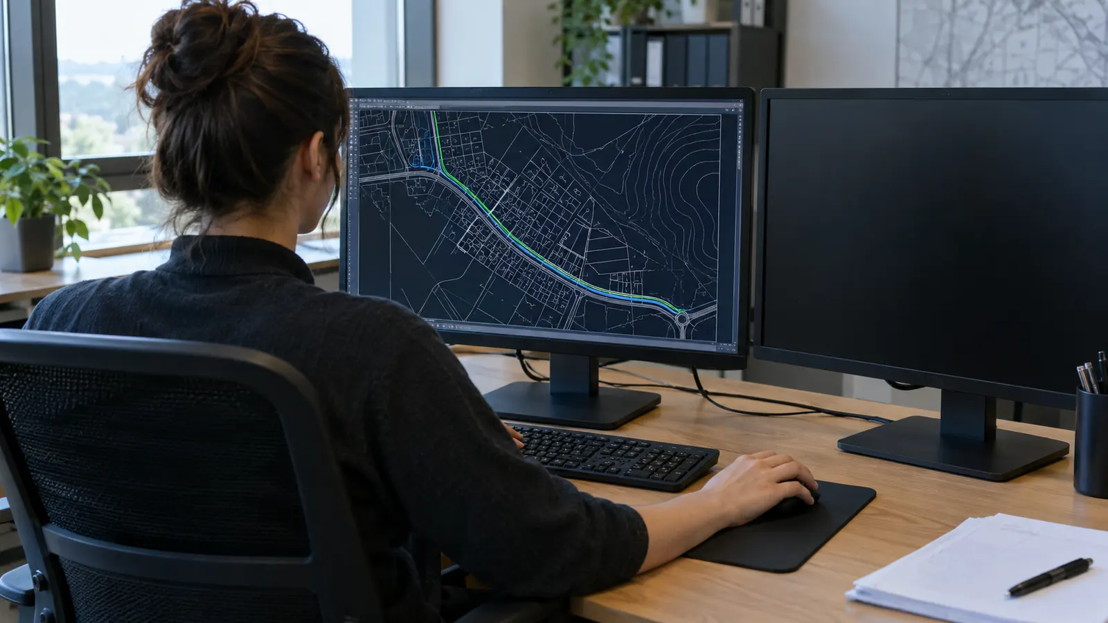 CAD technician drafts an unlabeled telecom route on a workstation.