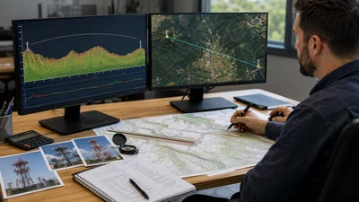 Wireless engineers reviewing a microwave path profile between two telecommunications towers