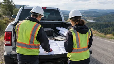 Two workers in hard hats and safety vests review plans spread on a white pickup's open tailgate beside a mountain road.