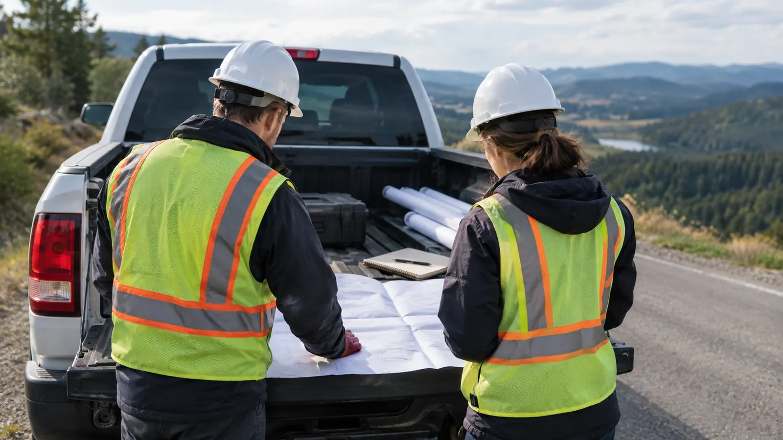 Two workers in hard hats and safety vests review plans spread on a white pickup's open tailgate beside a mountain road.