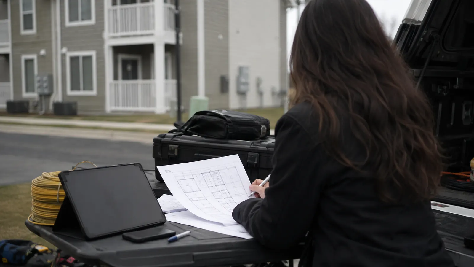 A person marks up floor-plan drawings on a truck tailgate outside a multi-unit apartment building.