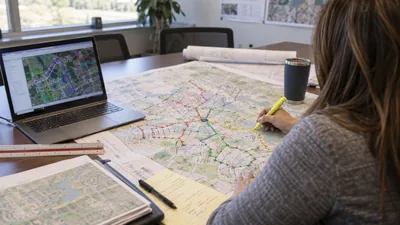 In an office, a person traces colored routes on a printed street map with a highlighter beside a laptop showing a map.