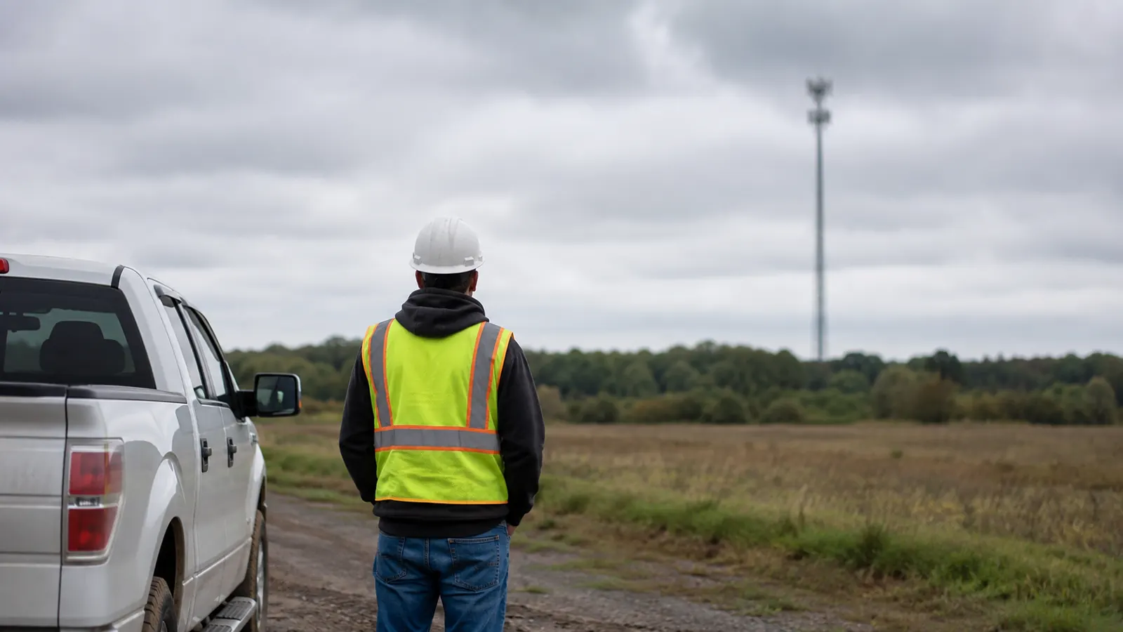 Worker in a hard hat and safety vest facing a distant cell tower beside a white pickup truck.