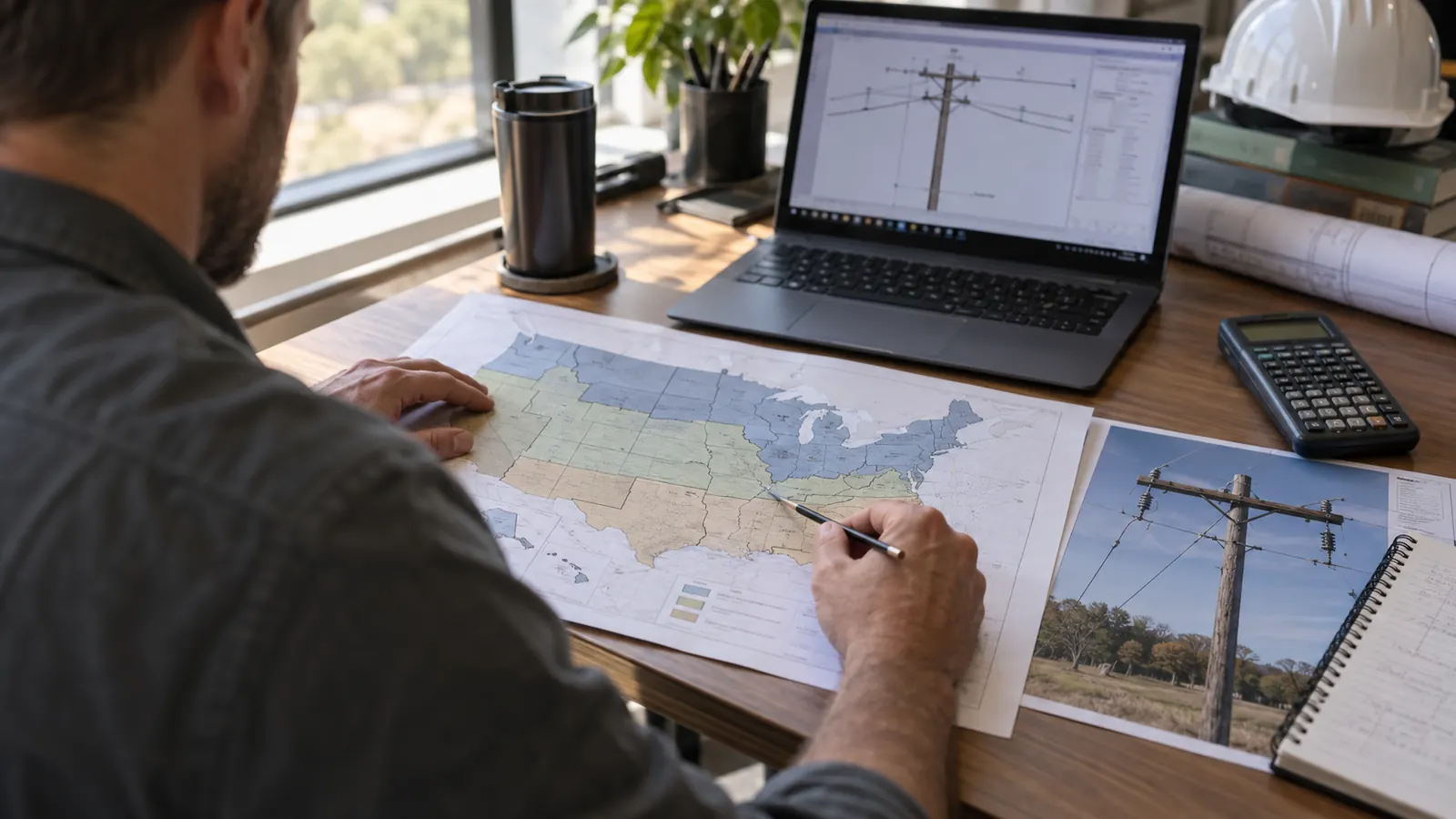 A man at a desk points a pencil at a color-coded U.S. map beside a laptop showing a utility pole drawing.
