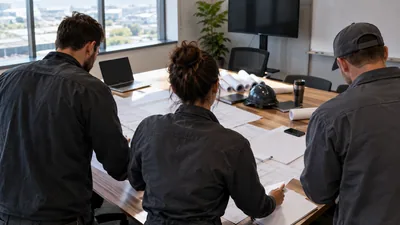 In an office conference room, three people in dark shirts review drawings spread across a table beside a hard hat.