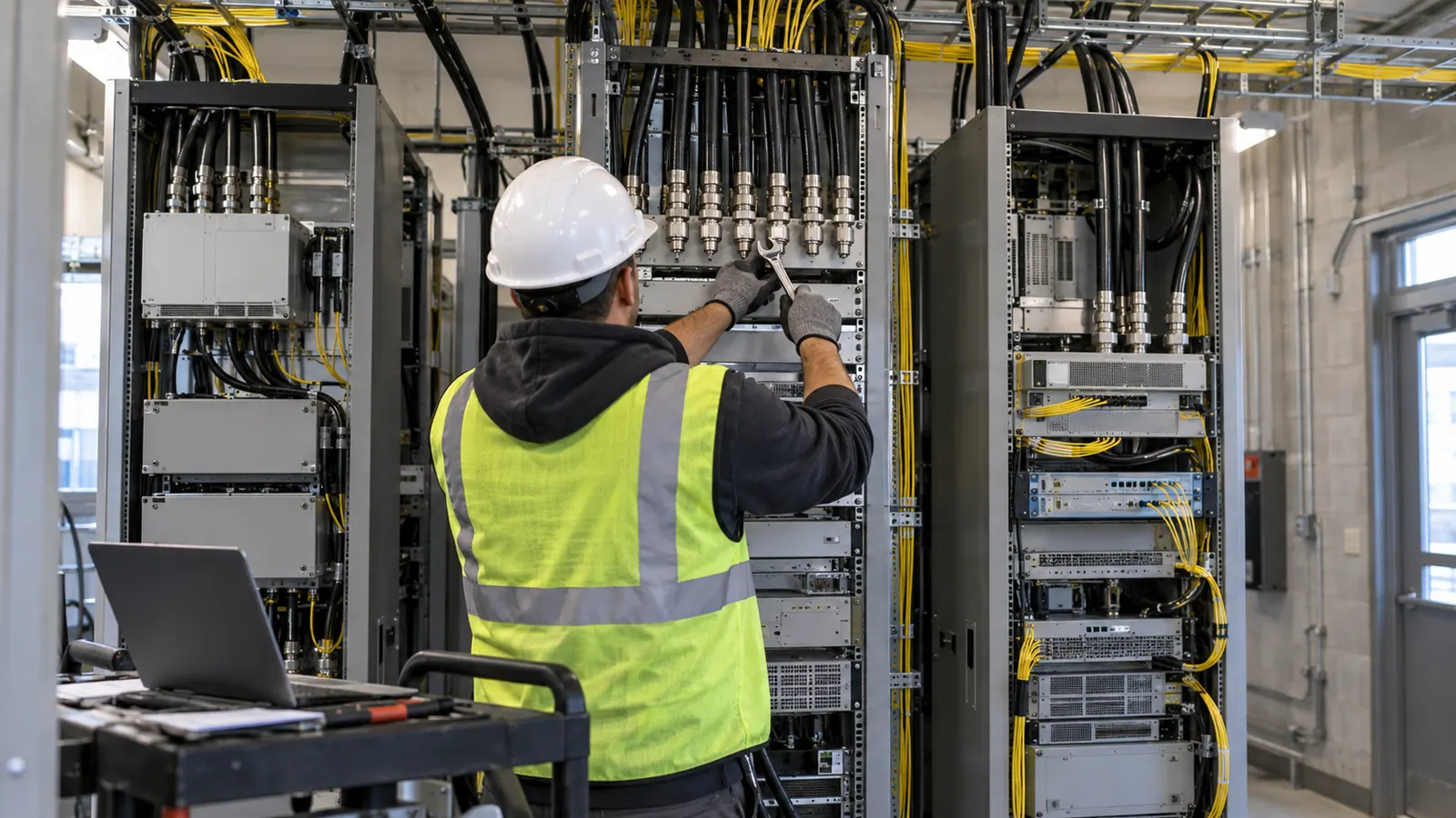 A technician in a white hard hat and safety vest uses a wrench on cable connectors in a room of equipment racks.