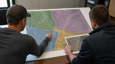 Two engineers seen from behind review an unlabeled HFC service-area boundary map and aerial print in a field office.
