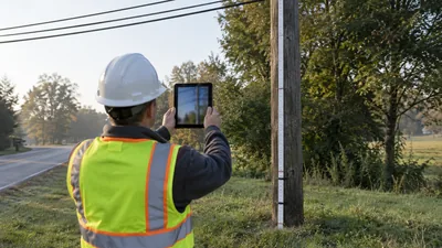 A worker in a hard hat and hi-vis vest photographs a roadside wooden pole with a measuring stick using a tablet.