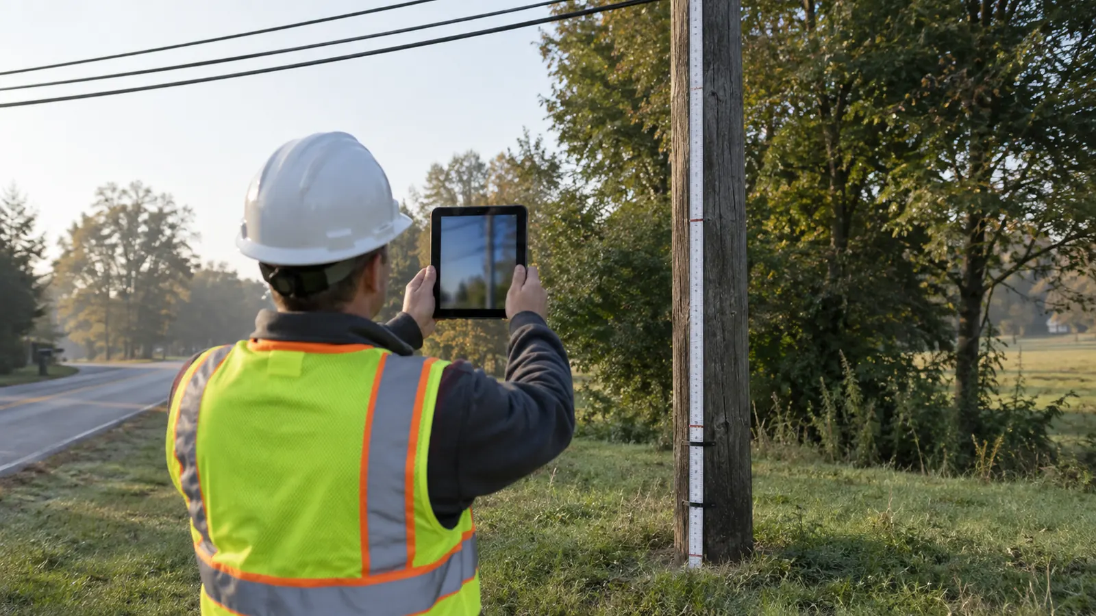 A worker in a hard hat and hi-vis vest photographs a roadside wooden pole with a measuring stick using a tablet.