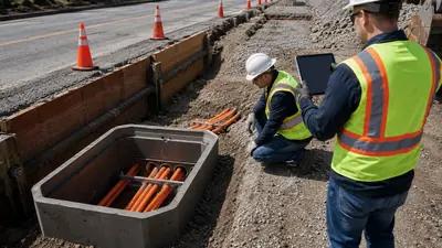 Field inspector using an OSP construction inspection checklist to verify a fiber trench and conduit before backfill