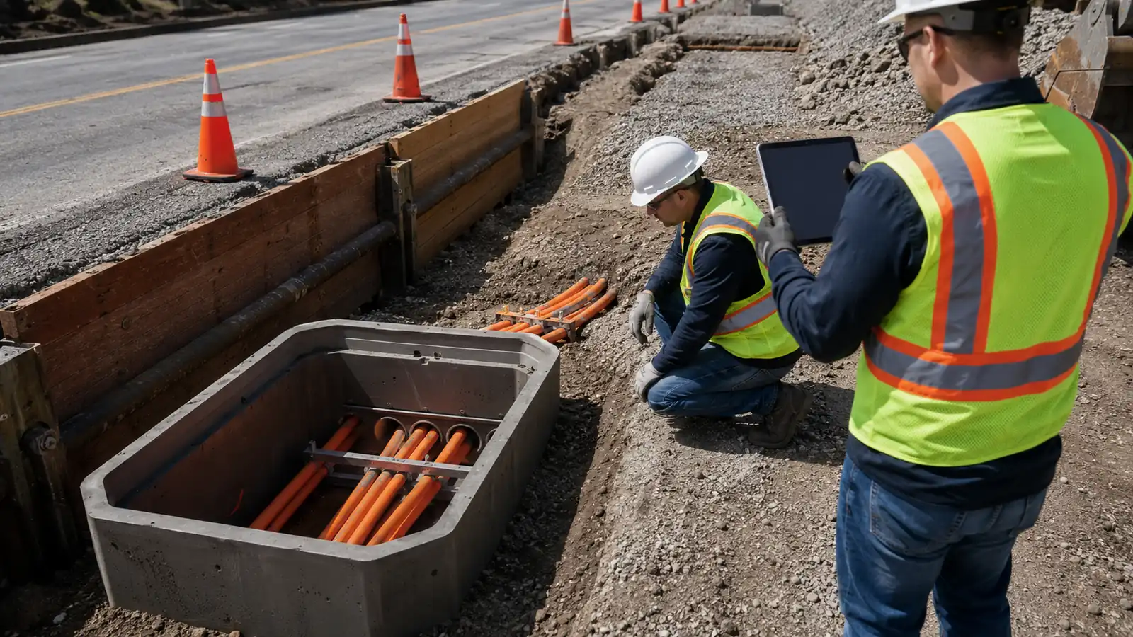 Field inspector using an OSP construction inspection checklist to verify a fiber trench and conduit before backfill