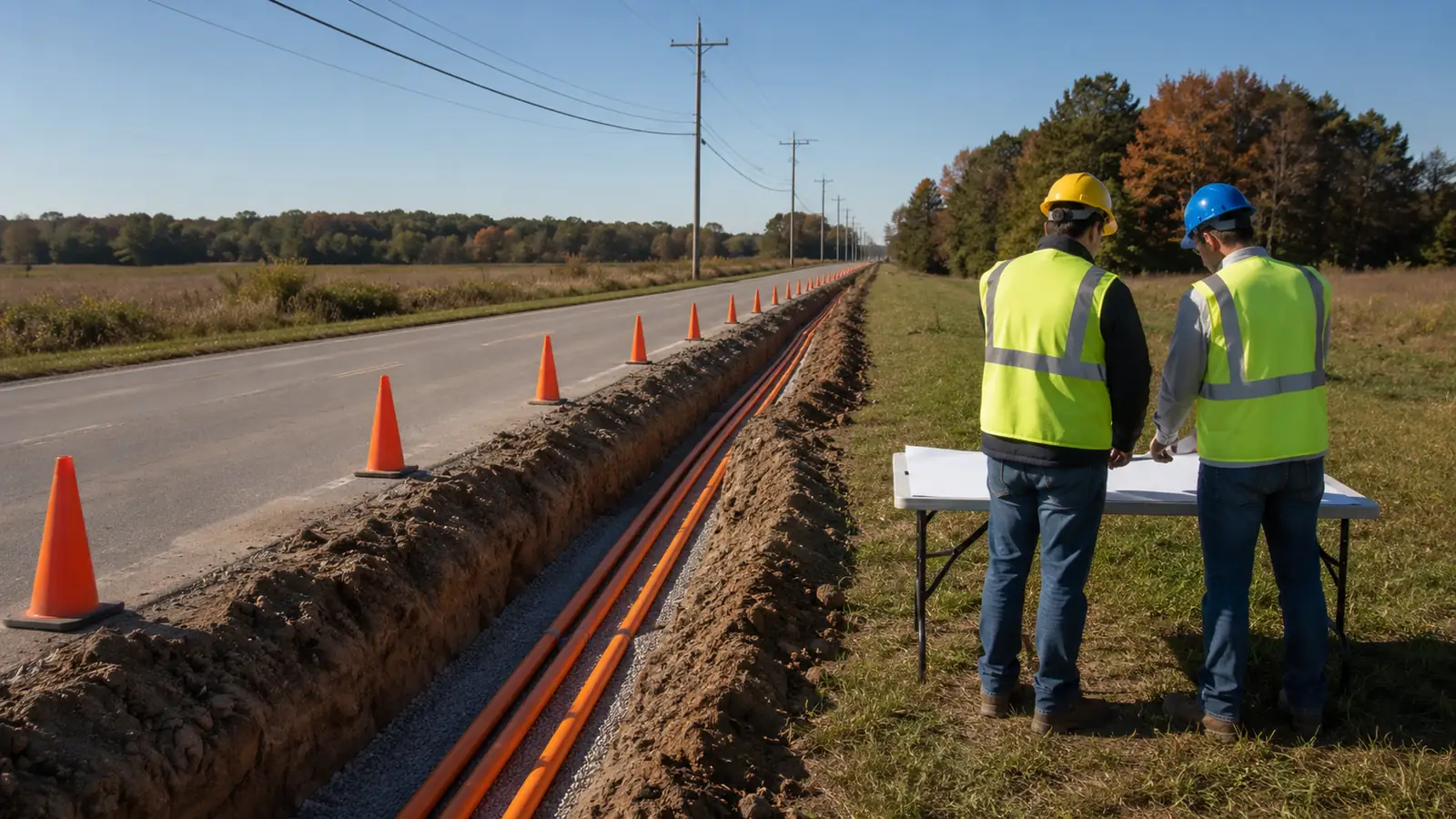 Outside-plant construction management oversight of a fiber build with an inspector reviewing aerial and underground work