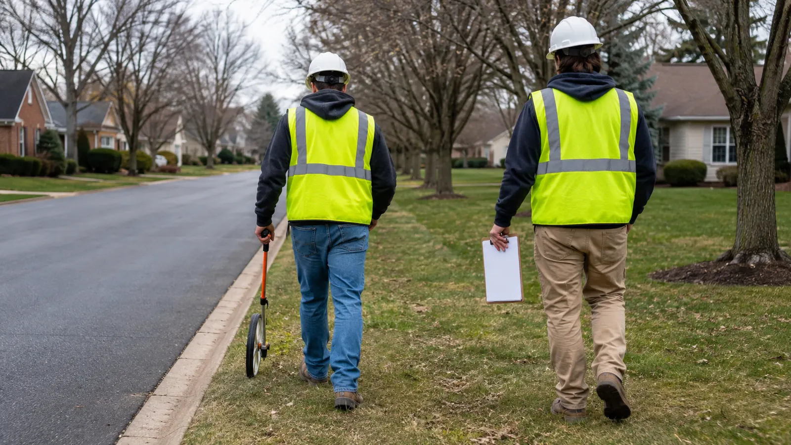 Rear-view OSP field crew measures a suburban roadside route with a wheel and blank clipboard.
