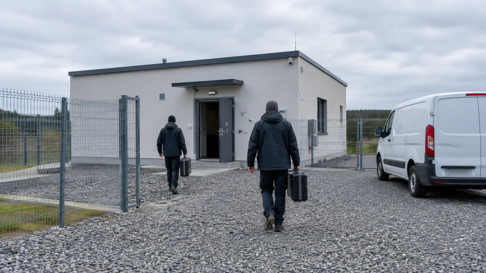 Technicians carry equipment cases toward a secured telecommunications facility.