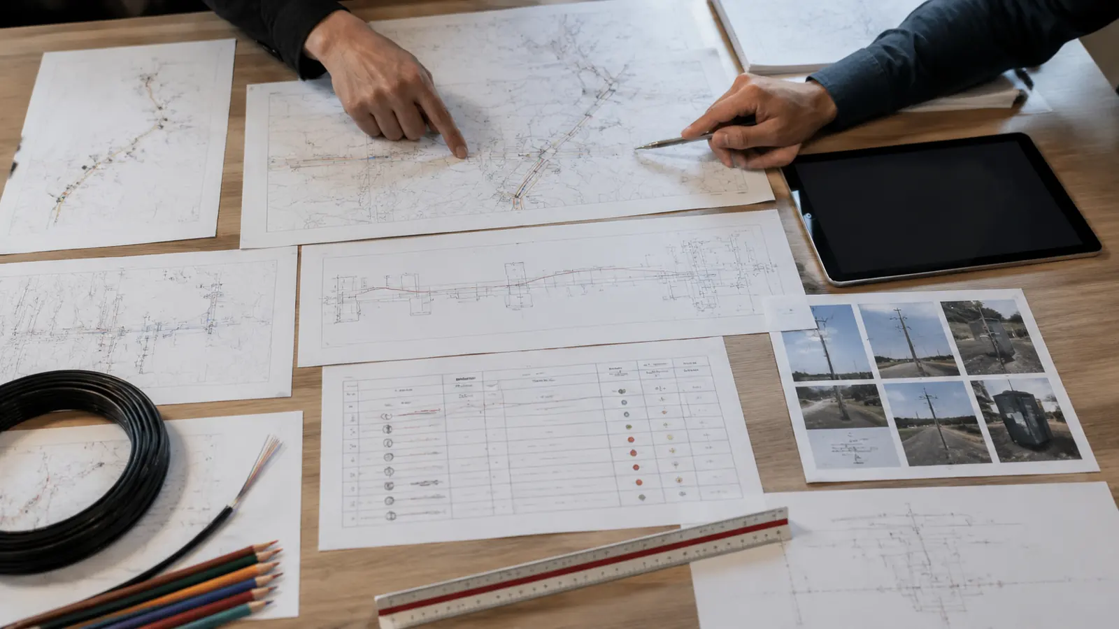 Engineers reviewing route plans, splice diagrams, and field records in an OSP design package