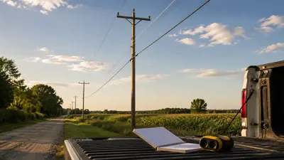 Rural cooperative distribution poles carrying electric supply and fiber, illustrating OSP design standards for electric cooperatives