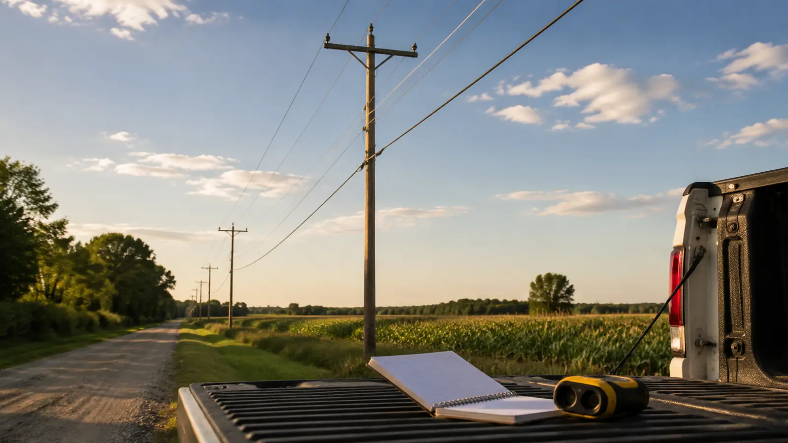 Rural cooperative distribution poles carrying electric supply and fiber, illustrating OSP design standards for electric cooperatives