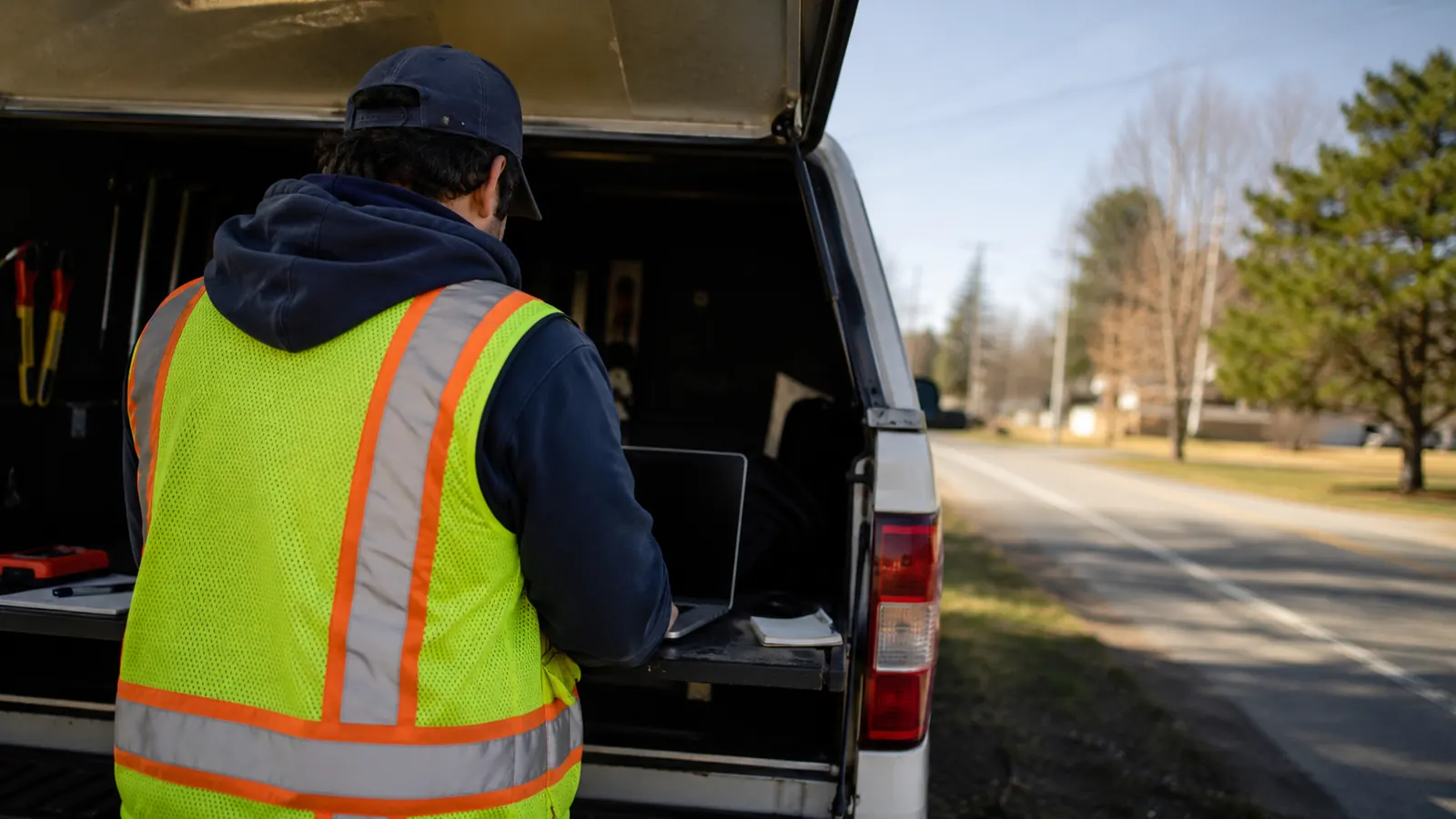 Worker in a high-visibility vest using a laptop on the open tailgate of a truck along a rural road.