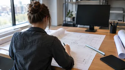 Person seen from behind in a dark shirt drafts on a large plan sheet with a pencil and scale ruler at an office desk.