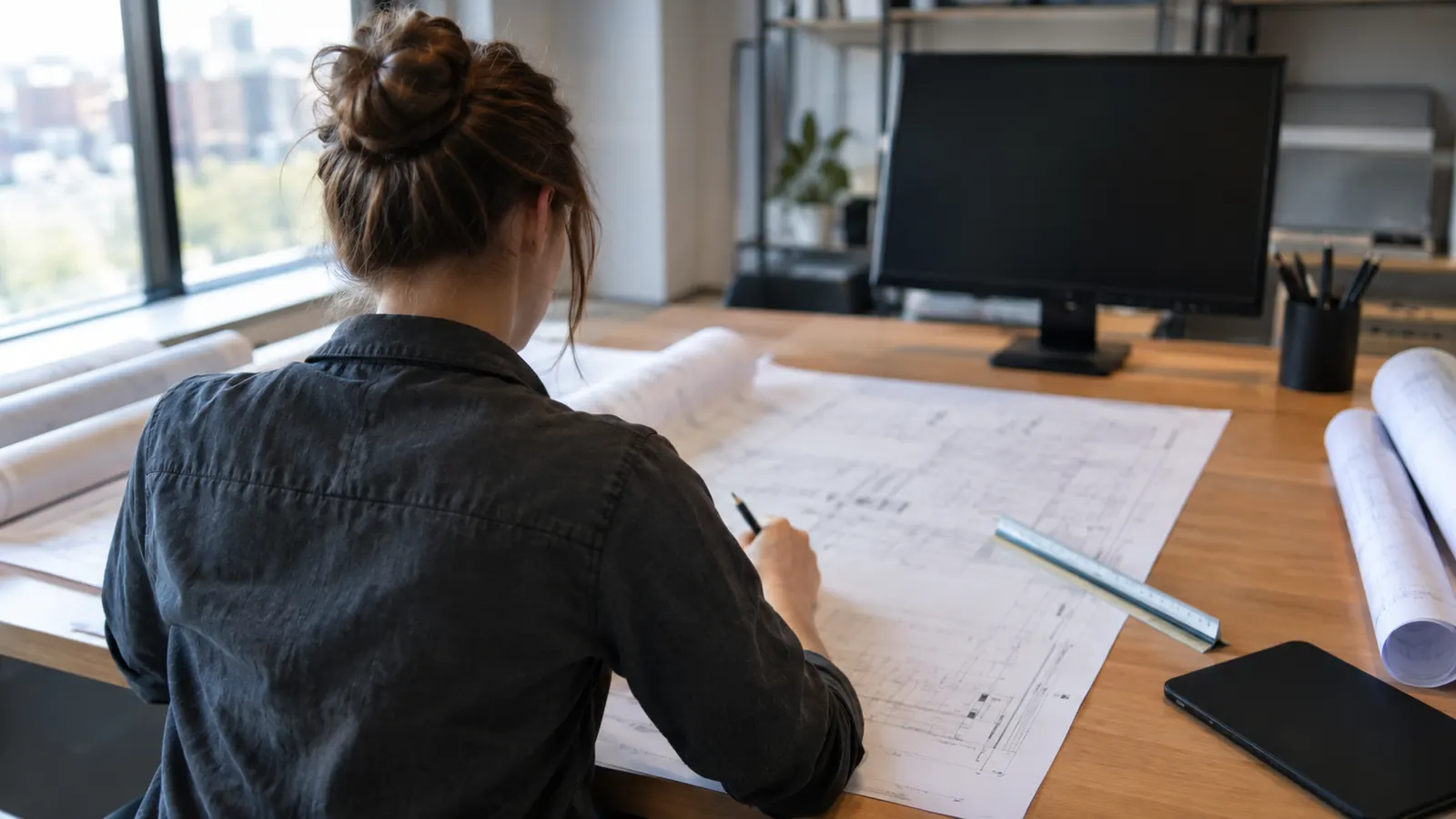 Person seen from behind in a dark shirt drafts on a large plan sheet with a pencil and scale ruler at an office desk.