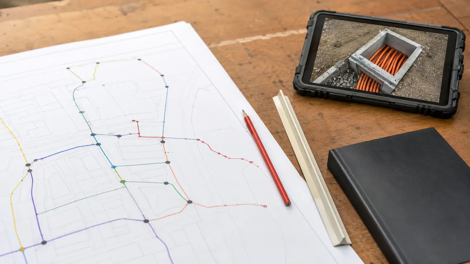 Route drawings and GIS records assembled as OSP documentation for construction handoff to a fiber build crew