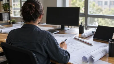 A person seated at an office desk holds a pen over drawing sheets beside a scale ruler, a dark monitor and rolled plans.