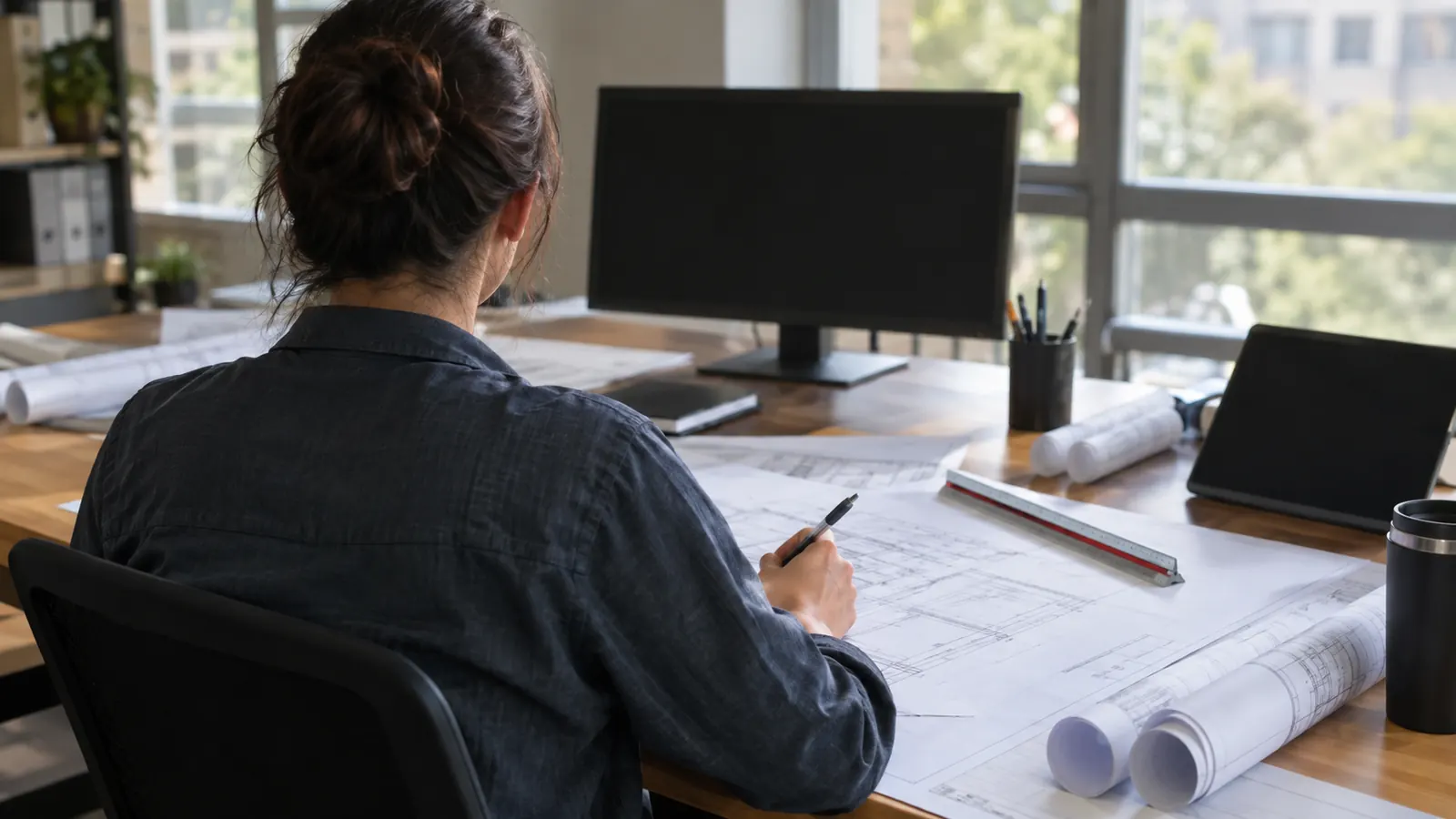 A person seated at an office desk holds a pen over drawing sheets beside a scale ruler, a dark monitor and rolled plans.