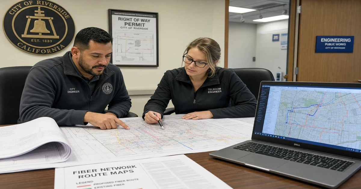 Municipal fiber network engineer reviewing OSP design drawings and GIS maps for a city broadband infrastructure project
