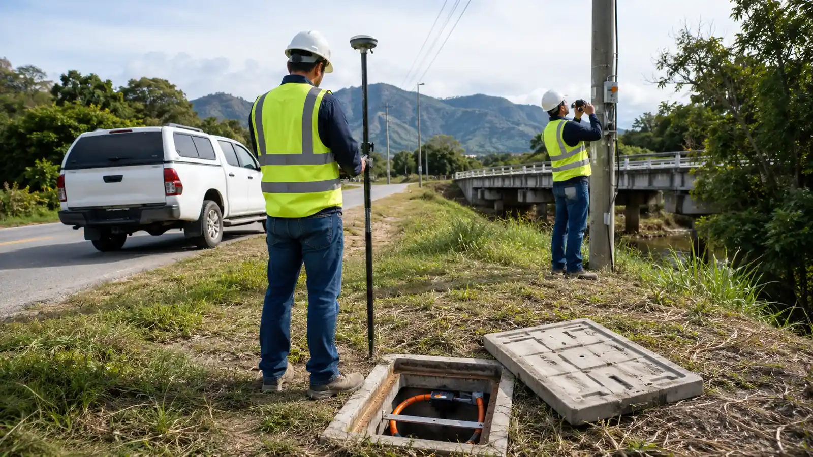 OSP survey crew recording an existing handhole and roadside utility route