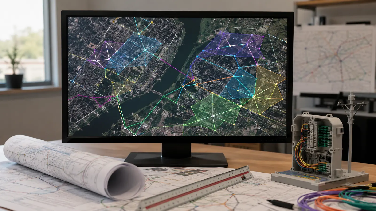OSP high-level design workstation with an abstract fiber route map and network model