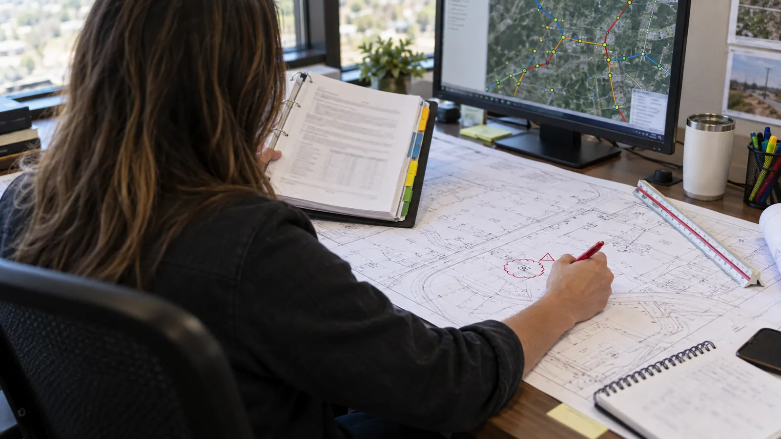 A person at an office desk holds a binder and marks a large drawing sheet in red pen beside a monitor showing a map.