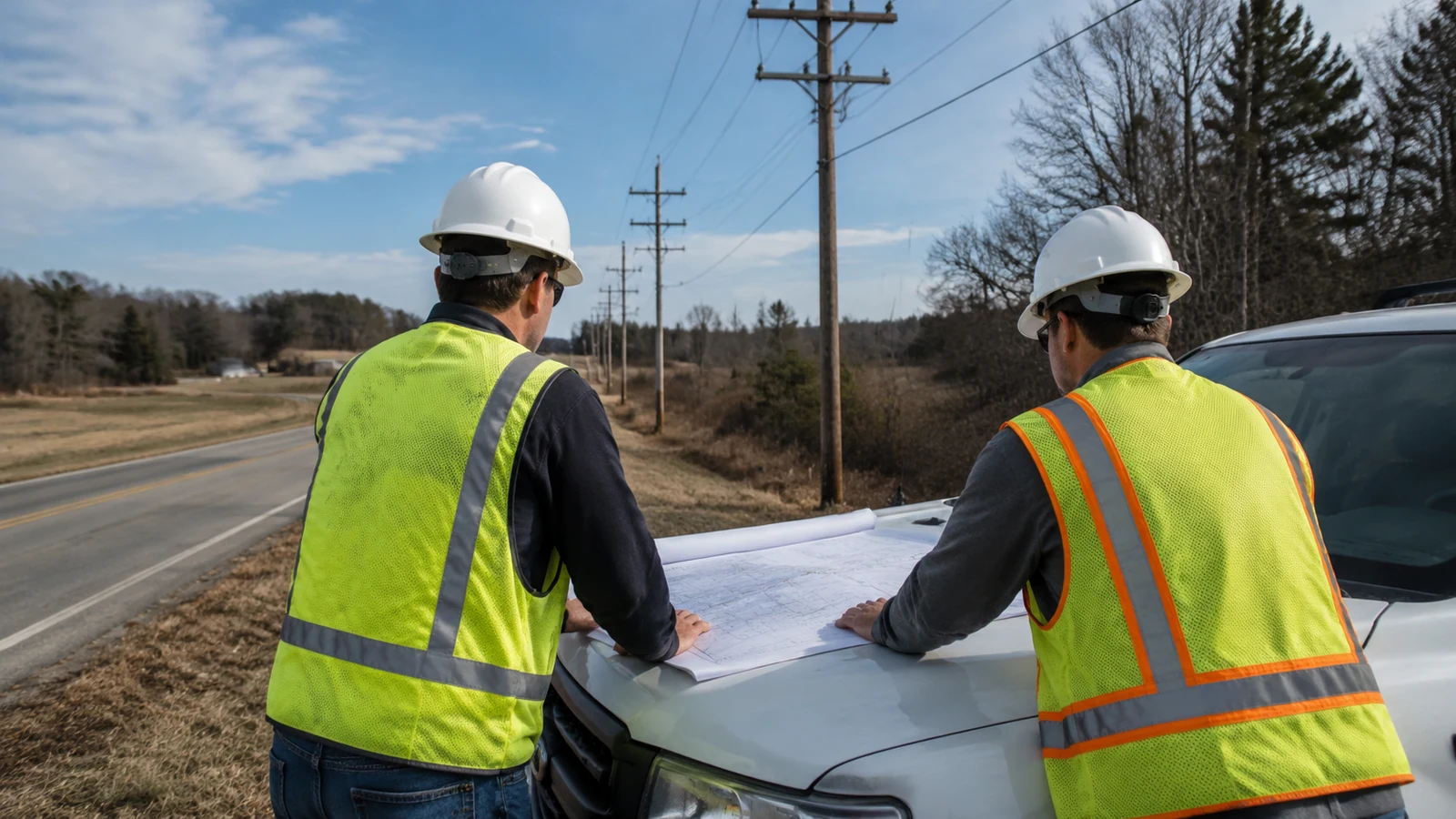 Two workers in hard hats and high-visibility vests review route plans beside a rural distribution line.