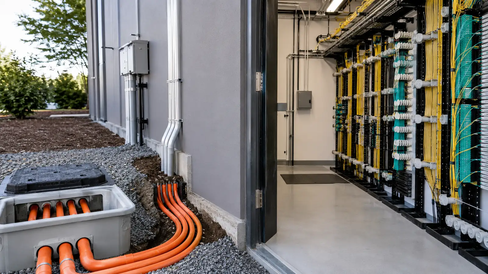 Outside conduit route entering a telecom facility beside indoor fiber distribution racks