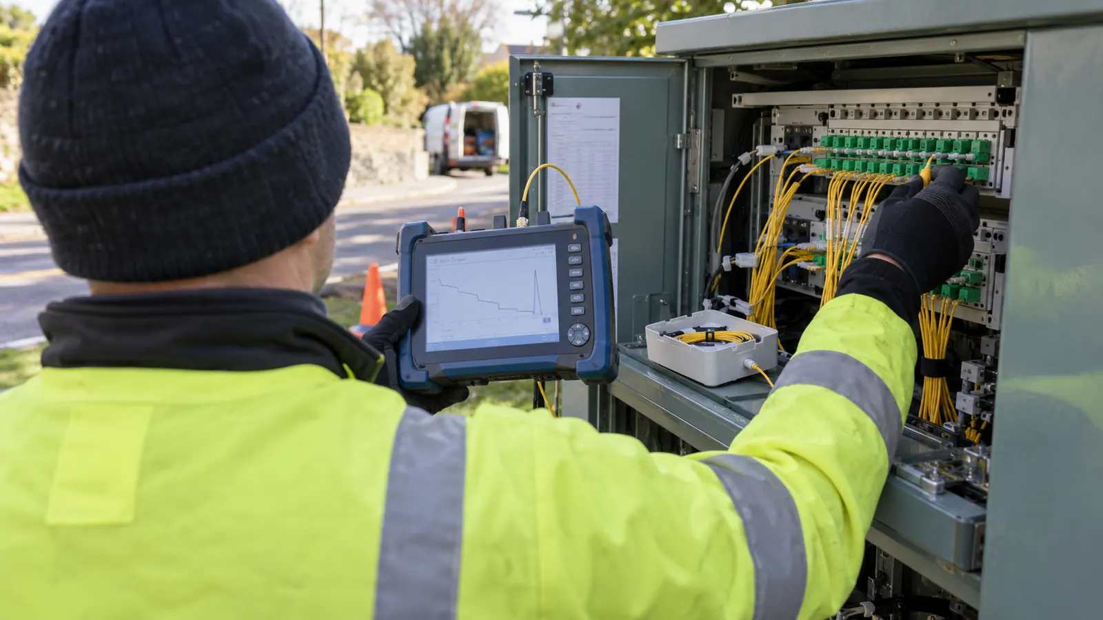 A worker in a hi-vis jacket holds a handheld tester and reaches into a roadside cabinet of yellow fiber cables.